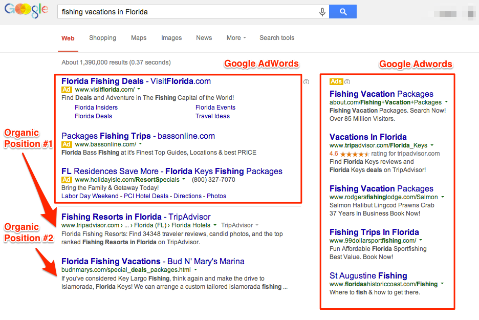 Screenshot of a Google Ads example for fishing vacations in Florida