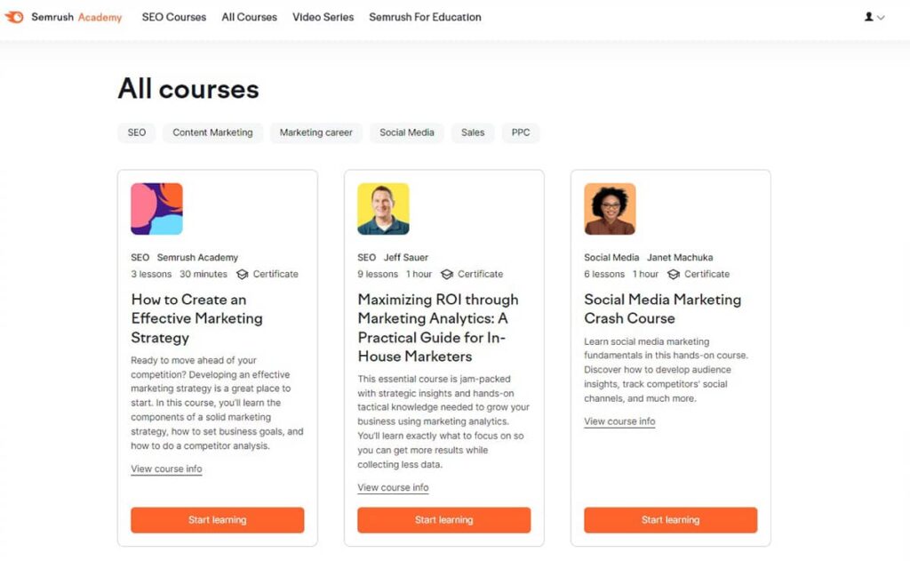 Semrush courses cover a wide range of topics, including keyword research, content optimization, website audits, strategies to build links, and more.