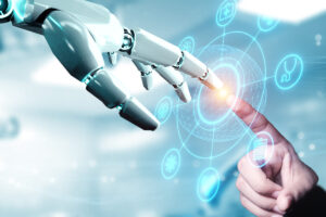 illustration of AI tools serving a doctor by showing a robotic hand and a human one pointing to digital motives.