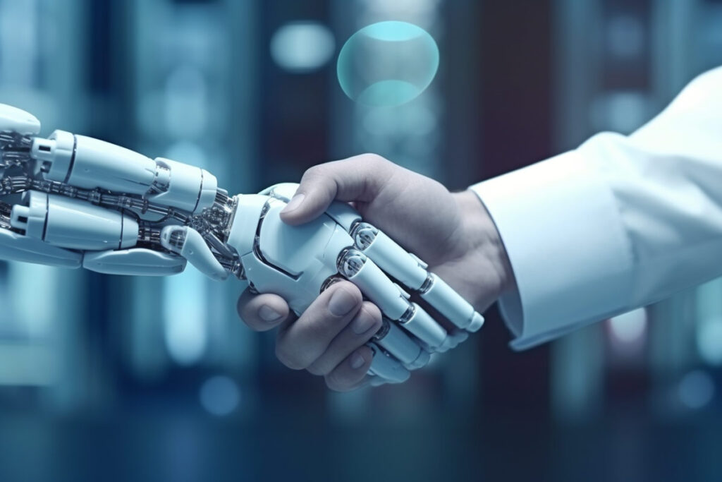 Doctor and robot shaking hands meaning that AI-generated content is now acceptable for Google as long as it is useful for users.