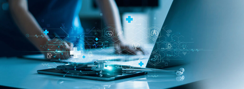 Female doctor typing on a keyboard representing AI-powered Medical SEO.