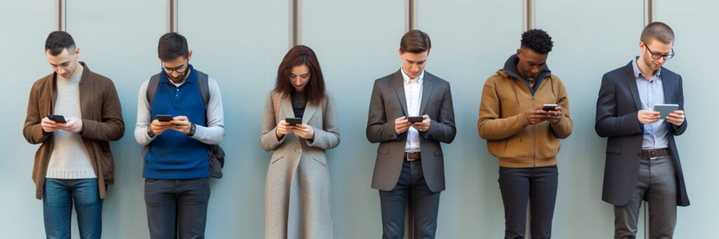 Young people leaning in a wall browsing the internet with their phones because Google's Helpful Content Update prioritizes them over SEO content.