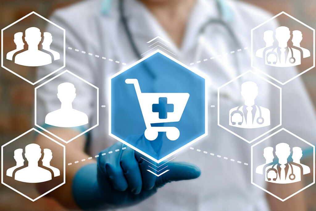 Illustration of a doctor touching icons representing patients and doctors in relation to medical product pages.