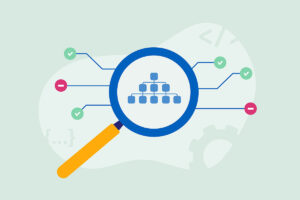 Graphic depiction of a magnifying glass on a sitemap symbol to represent the web crawling process.