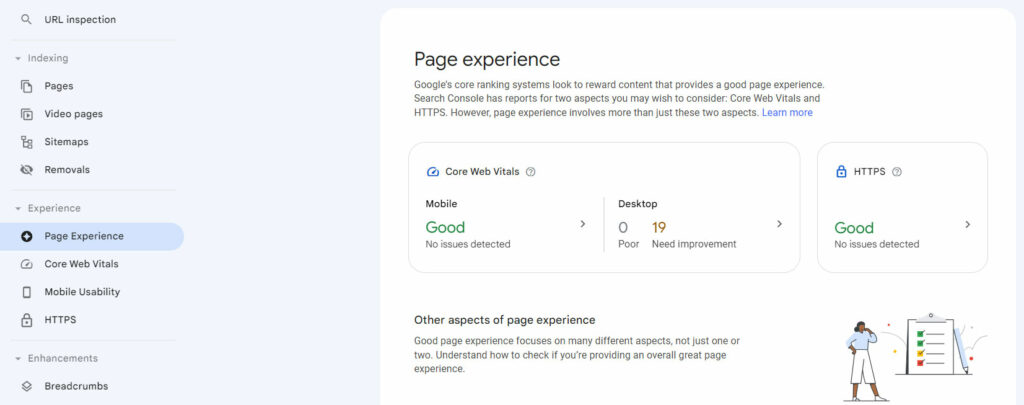 Page Experience dashboard in Google Search Console.