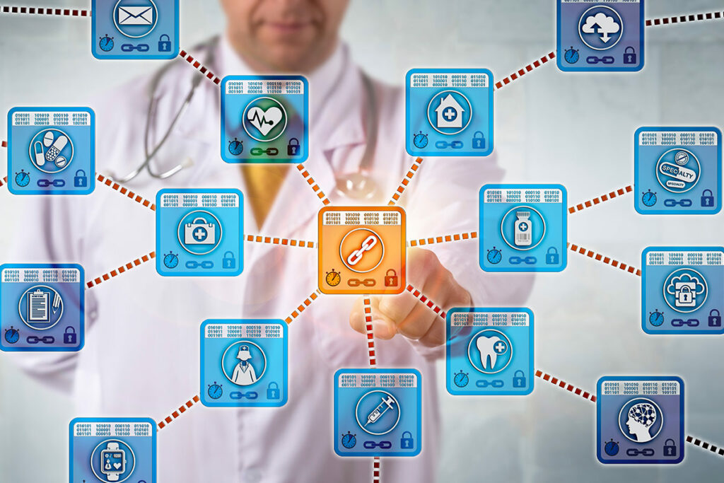 Doctor pointing the screen featuring linked icons in reference to internal linking in SEO.