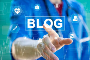 Illustration depicting a plastic surgeon's hand tapping on the word blog with several medical icons around it, in relation to the importance of blogging for plastic surgeons.