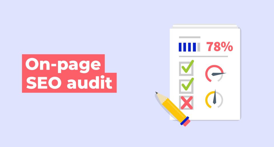 Illustration depicting a list of issues in the on-page SEO audit process, such as internal links, adaptability to mobile devices, and loading speed.