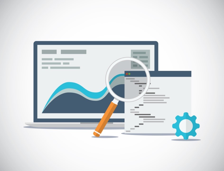 Illustration of a magnifying glass over a PC screen looking for common issues in digital marketing, such as duplicate content, indexing, and other SEO issues.