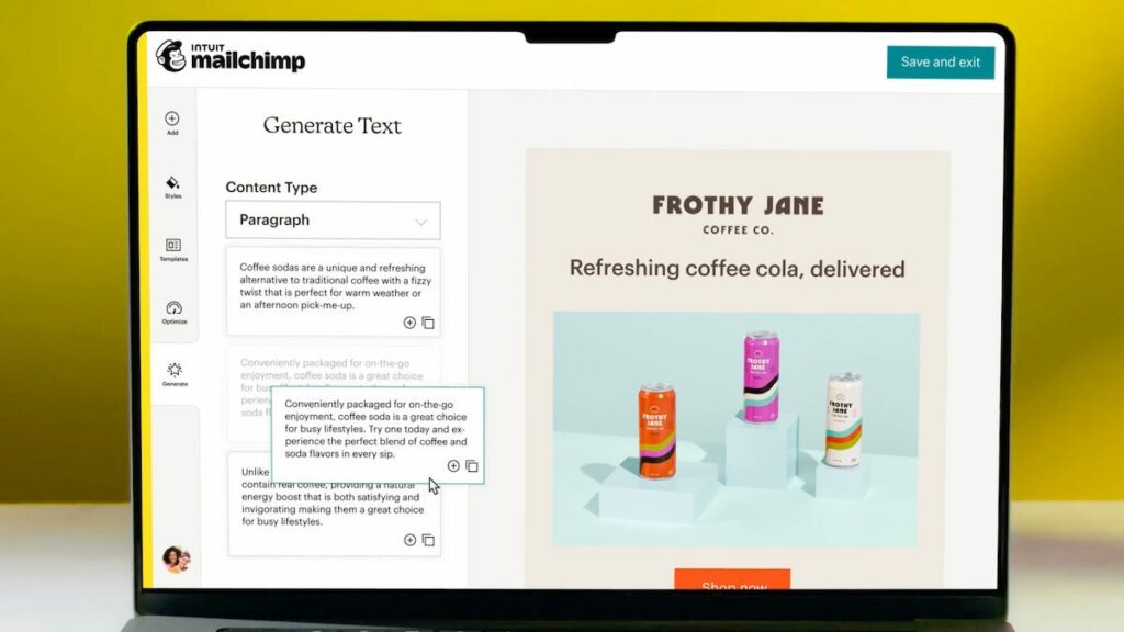 Mailchimp interface showcasing AI personalization features for email marketing.