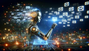 AI robot hand interacting with digital email icons on a dynamic circuit background.