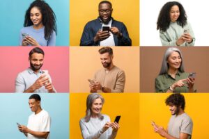 Collage of diverse people happily using smartphones, symbolizing varied social media users.