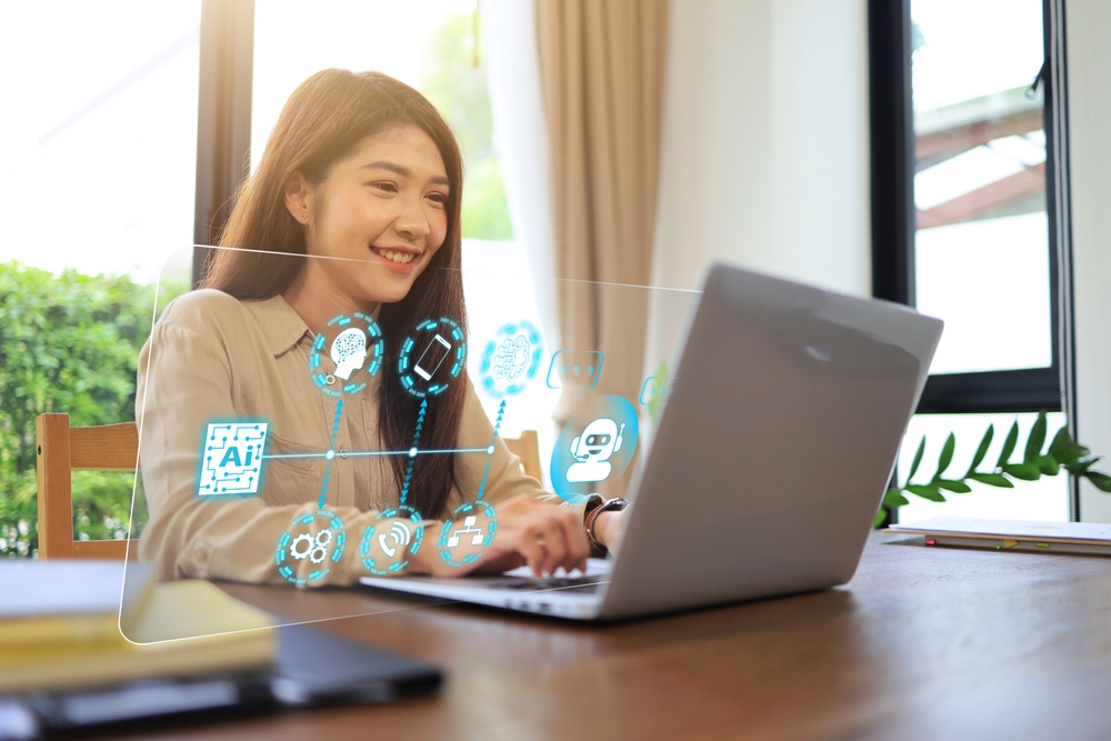 Smiling woman using laptop with AI and machine learning icons floating around.