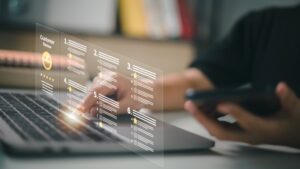 A person analyzes customer feedback using advanced digital analytics tools.