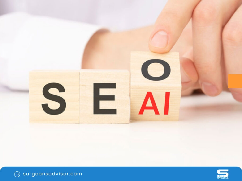 Hand arranging blocks spelling 'SEO' with red 'AI' symbol, signifying AI's impact on SEO.