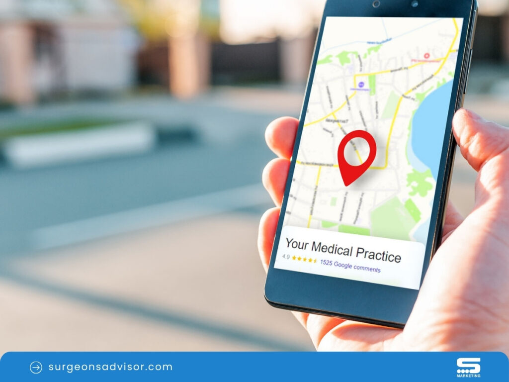 Hand holding a phone displaying a map with a pinpoint for a medical practice, demonstrating local SEO.