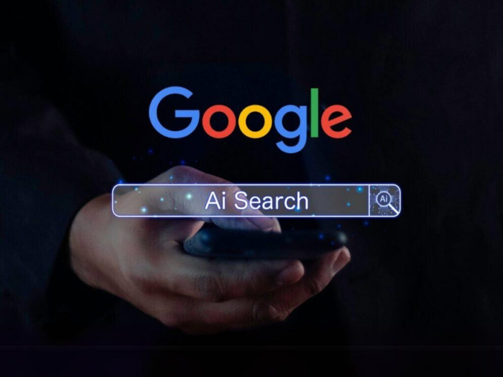 Hand holding smartphone with AI-powered Google search on screen, reflecting SEO's future.