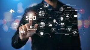 A conceptual image showing search engine optimization icons